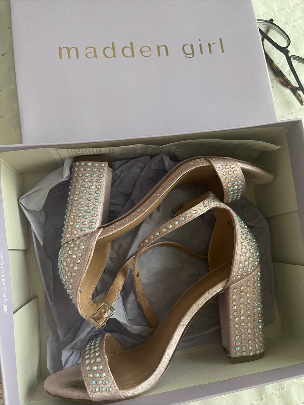 Madden Girl Iridescent Blush Pink Jeweled Block Heels